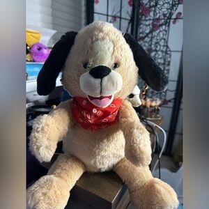 Cuddle barn, singing, bingo, dog Plush Beige & Black Toy with Red Bandana